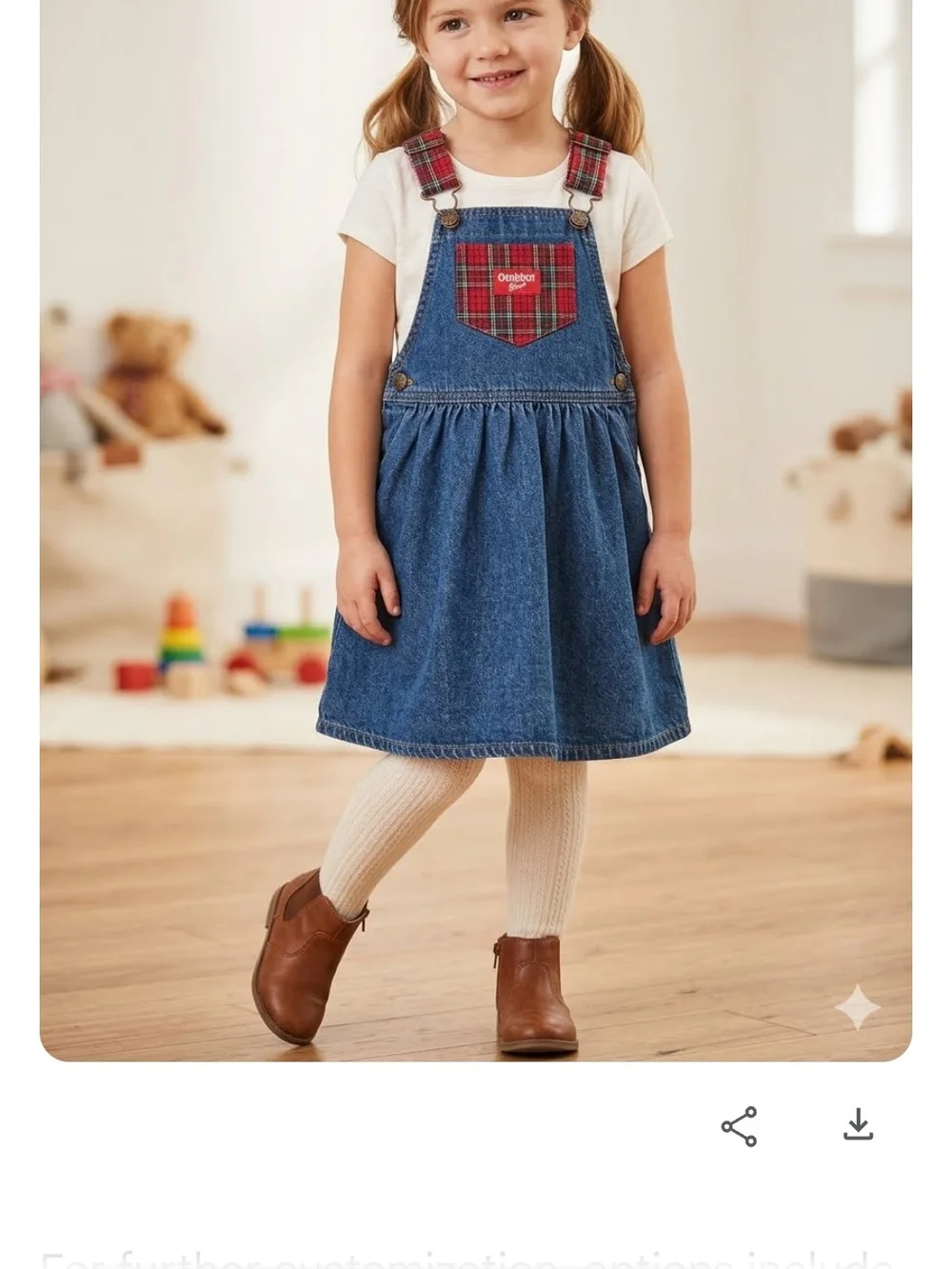 Vintage USA OshKosh B'gosh Blue Denim Overall Dress with Red Plaid Pocket K101